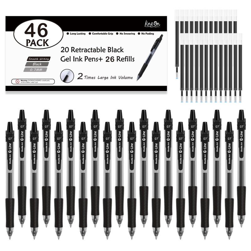 Lineon 46 Pack Black Gel Ink Pens (20 Gel Pens with 26 Refills) Medium Point Retractable Writing Smooth Writing with Comfortable Grip for Office School - Image 1